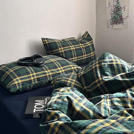 MKXI Twin Size Forest Green & Mustard Yellow Plaid Duvet Cover Set, 3 Piece All Season Washed Cotton Bedding, Vintage Preppy Style Rustic Outdoor Bed Set with Zipper Closure & Corner Ties