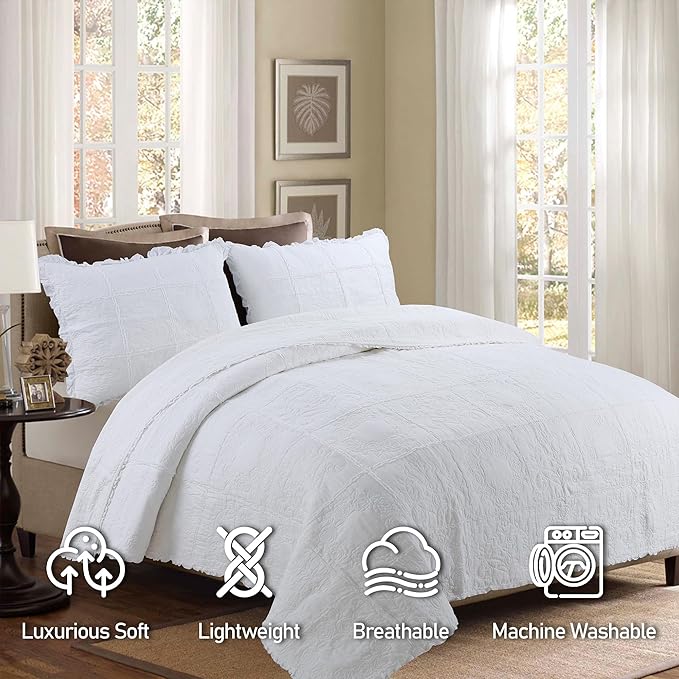 DURLENGEN White Rose Patchwork 100% Cotton King Quilt 3Pcs,White Patchwork with Rose Pattern,Luxury Lightweight Cotton Coverlet Sets for All Season(King 106x96,White Rose Patchwork)