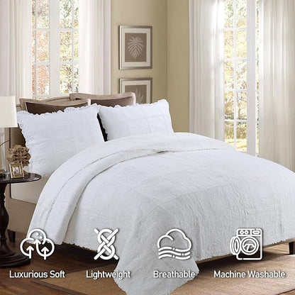 DURLENGEN White Rose Patchwork 100% Cotton King Quilt 3Pcs,White Patchwork with Rose Pattern,Luxury Lightweight Cotton Coverlet Sets for All Season(King 106x96,White Rose Patchwork)