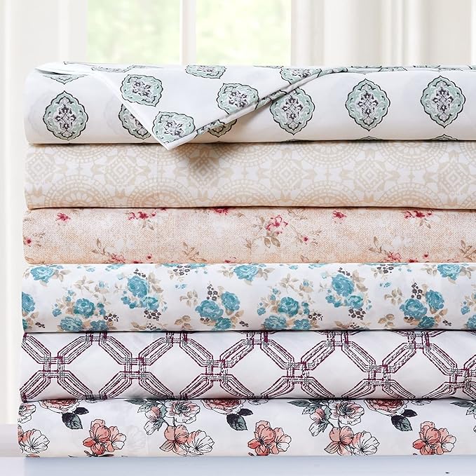 Modern Threads Printed 4-Piece Extra Soft Bedding Sheets & Pillowcase Set, Deep Pocket up to 16 inch Mattress Cara Queen