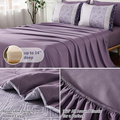 Dinjoy Boho Queen Comforter Set Purple,7 Piece Bed in a Bag Queen Size Breathable Summer Bedding Sets Plaid Striped Comforters Bed Set with Sheets for Family All Season