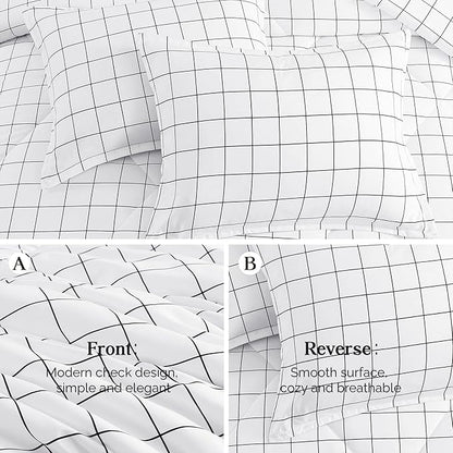 Andency White Grid Comforter Set Twin Size (66x90 Inch), 2 Pieces(1 Grid Comforter and 1 Pillowcase), Summer Lightweight Microfiber Down Alternative White Comforter with Black Lines for Kids Girls