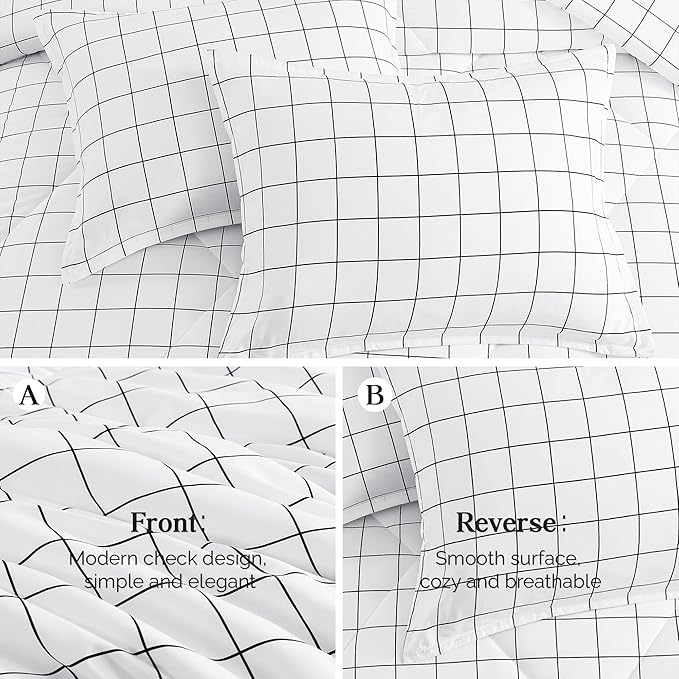 Andency White Grid Comforter Set Queen Size (90x90 Inch), 3 Pieces(1 Grid Comforter and 2 Pillowcases), Summer Lightweight Microfiber Down Alternative White Comforter with Black Lines