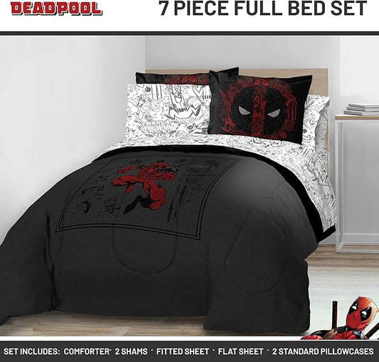 Jay Franco Marvel Deadpool Full Size Comforter Set - 7 Piece Bedding Includes Sheet Set and Pillow Covers - Gray and Red Super Soft Cozy Bedding