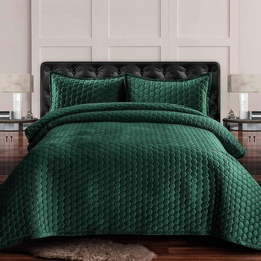 Tribeca Living Lugano Oversized Velvet Quilt Set - All Season, Extra Large, 3 Piece Queen Size Comforter Set with 2 Pillow Shams in Teal Honeycomb Pattern 260GSM