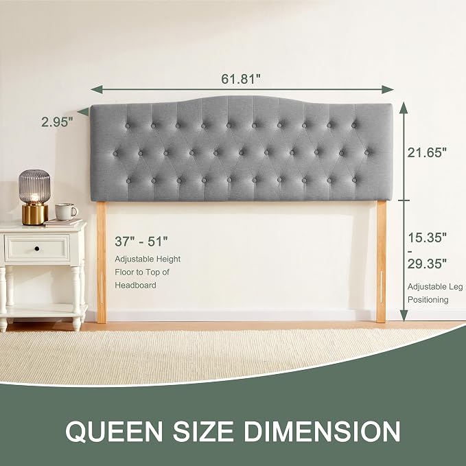 Tufted Headboard Queen Size, Solid Wood Adjustable Height Head Board, Gray | Upholstered Queen Headboard Only with Durable Solid Wood Legs, Adjustable Height 37-51 in, Fabric Button Diamond HeadBoards