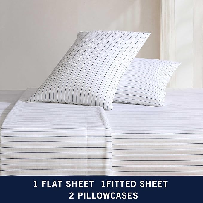 Nautica - Twin Sheets, Premium Cotton Percale Bedding Set, Striped Home Decor, Oeko-Tex Certified (Beaux Stripe Blue, Twin)