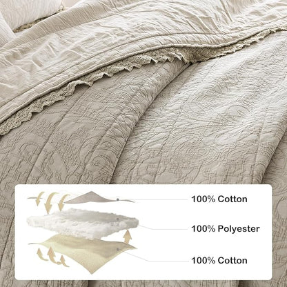 HORIMOTE HOME Stone-Washed Cotton Quilt King Size, Beige Jacquard Embossed Quilt Shabby Vintage Farmhouse Bedspread Coverlet with Crochet Edge, Soft Lightweight Bedding Set for All Season, 3 Pieces