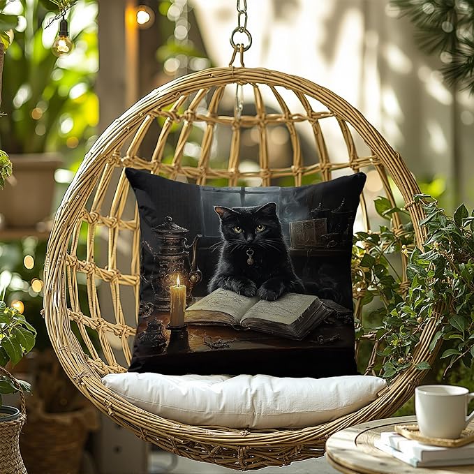 Witchy Black Cat Reading Book Throw Pillow Covers 18x18, cat Gifts for Women,Dark Cottagecore Flower Decor, Gothic Moody Black Kitten Pillowcase，Aesthetic Black Cats Vintage Cats Decor