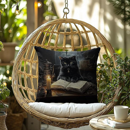 Witchy Black Cat Reading Book Throw Pillow Covers 18x18, cat Gifts for Women,Dark Cottagecore Flower Decor, Gothic Moody Black Kitten Pillowcase，Aesthetic Black Cats Vintage Cats Decor