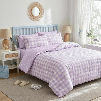 Light Purple Bowknot Comforter Set Queen Size for Girls, Purple Gingham Bedding with Heart Pattern, 3 Pcs Checkered Plaid Quilted Comforter Set with 2 Pillowcases, 90"x90"