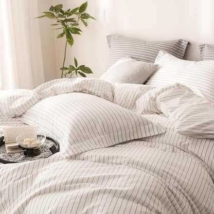 Stripe Duvet Cover King Size 104inch x 90inch,100% Washed Cotton Linen Feel Duvet Cover, Pinstripe Duvet Cover with Zipper Closure and 2 Pillowcases, Color of White and Linen Grey Stripe