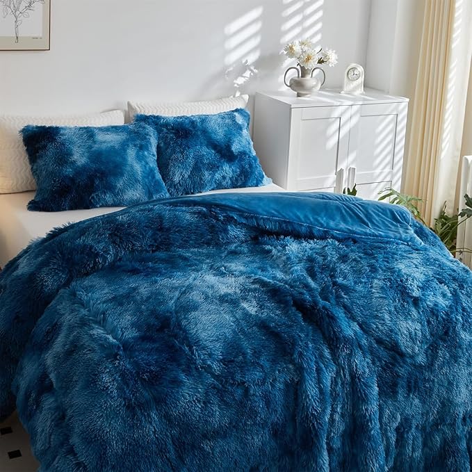 Wajade Faux Fur Plush White Comforter Set Fluffy Fuzzy Shaggy Bedding Set - 3PC Full/Queen Microfiber Soft Warm Quilt Set (Tie Dye Blue White, King)