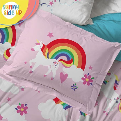 Sunny Side Up Rainbow Unicorns Twin Comforter Set - 5 Piece Kids Bedding Includes Comforter, Sheets & Pillow Cover - Super Soft Pink Floral Microfiber Bed Set