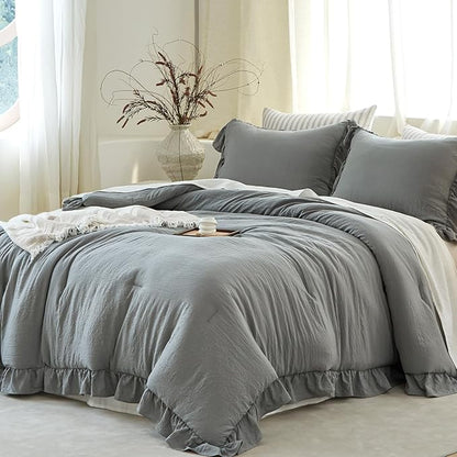 Grey Ruffle Comforter Set King, Pre-Washed Shabby Chic Bedding Set, Lightweight Cottagecore Soft Romantic Cozy 1 Comforter & 2 Shams, All-Season