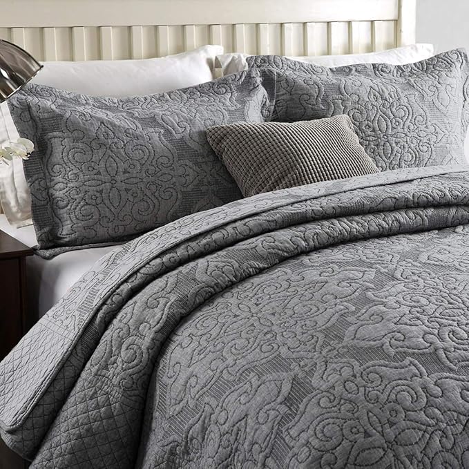 Travan 3-Piece Queen Quilt Set Quilted Bedspread Oversized Microfiber Lightweight Bedspread Coverlet Set with Shams Bedding Set for All Season, Grey, Queen Size