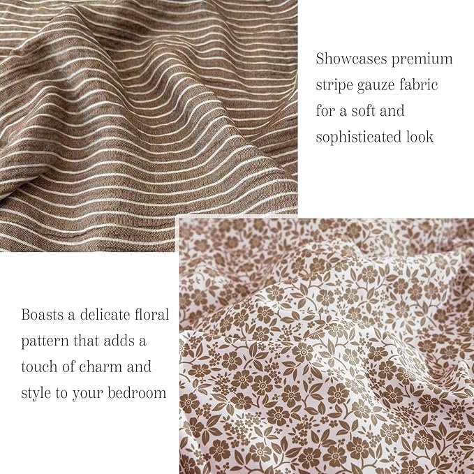 Full Comforter Set - 7 Pieces Dark Brown Gauze Muslin Bedding Sets for All Seasons, Lightweight Breathable Bed in a Bag Full with Revesible Farmhouse Comforter, Sheets, Pillowcases & Shams