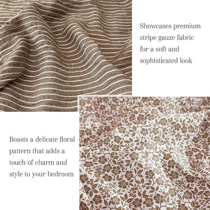 Full Comforter Set - 7 Pieces Dark Brown Gauze Muslin Bedding Sets for All Seasons, Lightweight Breathable Bed in a Bag Full with Revesible Farmhouse Comforter, Sheets, Pillowcases & Shams