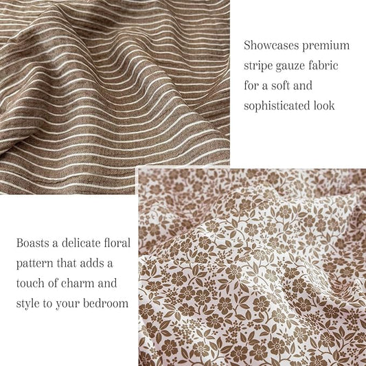 Full Comforter Set - 7 Pieces Dark Brown Gauze Muslin Bedding Sets for All Seasons, Lightweight Breathable Bed in a Bag Full with Revesible Farmhouse Comforter, Sheets, Pillowcases & Shams