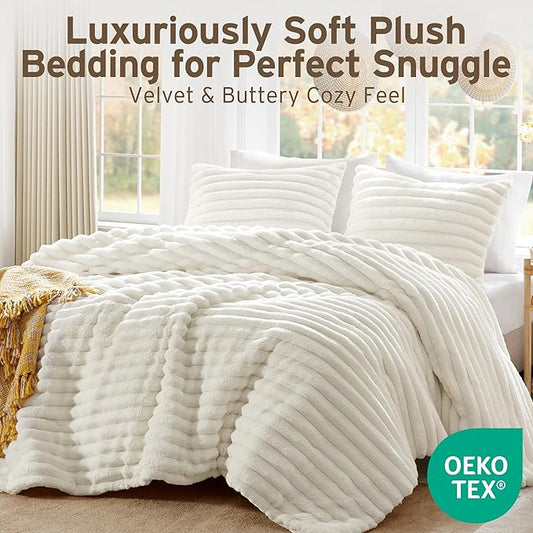Intelligent Design King Comforter Set, Plush Bedding, Microfiber Reverse, 3 Piece, Lightweight, Super Soft Ribbed Velvet Comforter 2 Shams, All Season Fluffy Bed Set, Avril, King/Cal King Ivory