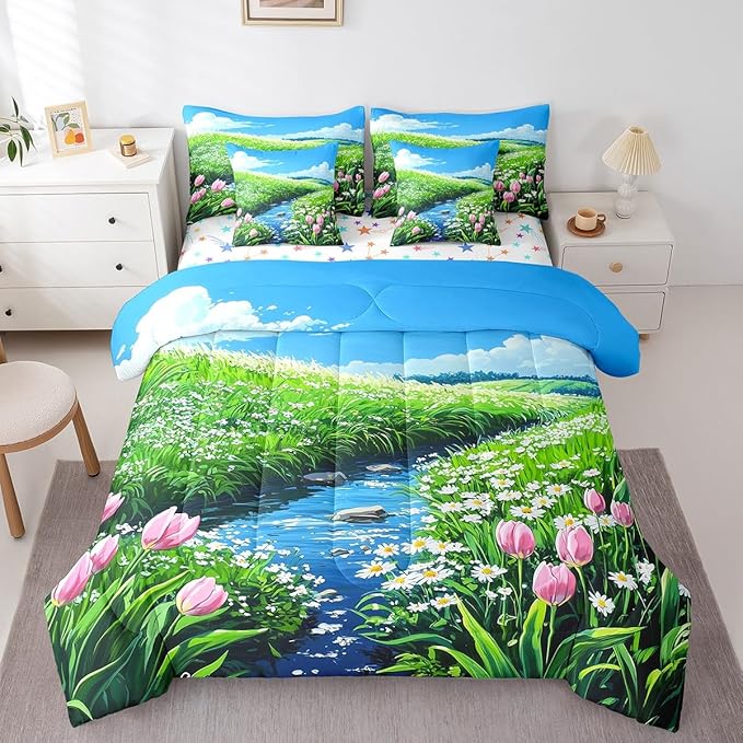 jejeloiu Cute Anime Floral Bedding Set 7Pcs Full Size Kids Tulip Floral Comforter Set with Sheets for Boys Girls Flower River Bed in a Bag Soft Lightweight,Microfiber