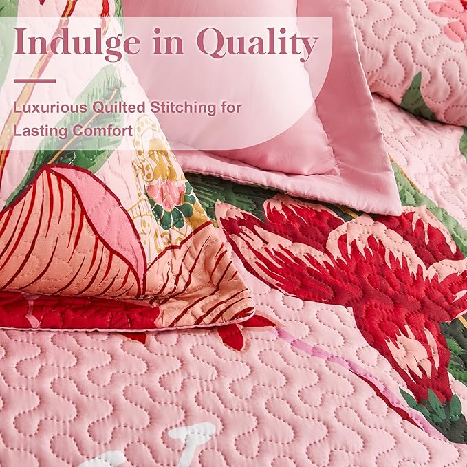 3 Piece Pink Boho Floral King Size Quilt Sets Farmhouse Botanical Reversible Lightweight Bedspread with 2 Shams Butterfly Microfiber Bedding Quilts Set for All Season,106''x96''