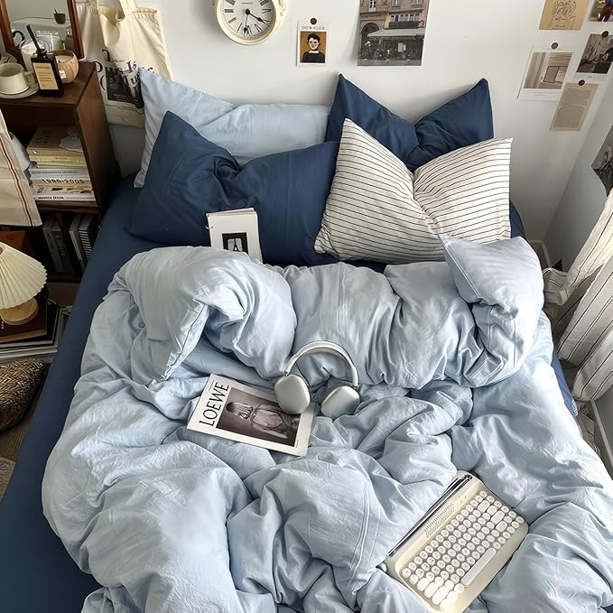 mixinni 100% Washed Cotton Duvet Cover Set Queen Size, Solid Light Blue Ocean Themed Chic Bedding, Soft Breathable Minimalist Comforter Cover with Zipper Closure & Corner Ties-Queen Size