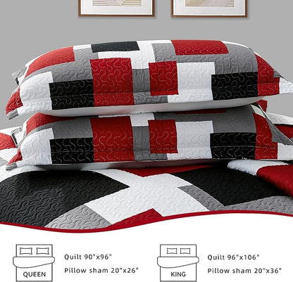 3 Piece Red Black Grey Quilt Set California King Size Red White Geometric Reversible Bedding Set Microfiber Lightweight Bedspread Coverlet with 2 Shams Bed Cover for All Season, 118''x106''