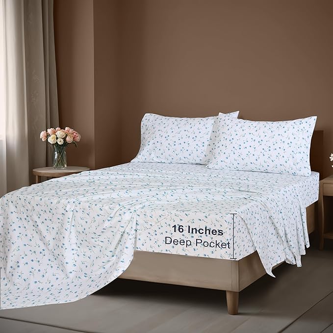ZOYER 100% Cotton Sheets – Twin Size Percale Bedding, Cooling & Breathable, Durable with a Crisp, Soft & Comfortable Feel, 16" Deep Pocket, 3-Piece Set, La Laa Flower