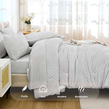 Andency California King Size Comforter Set with Sheets Light Grey - 7 Pieces Bed in a Bag Cal King Boho Tufted Lightweight Bedding Sets with Comforter, Sheets, Pillowcases & Shams