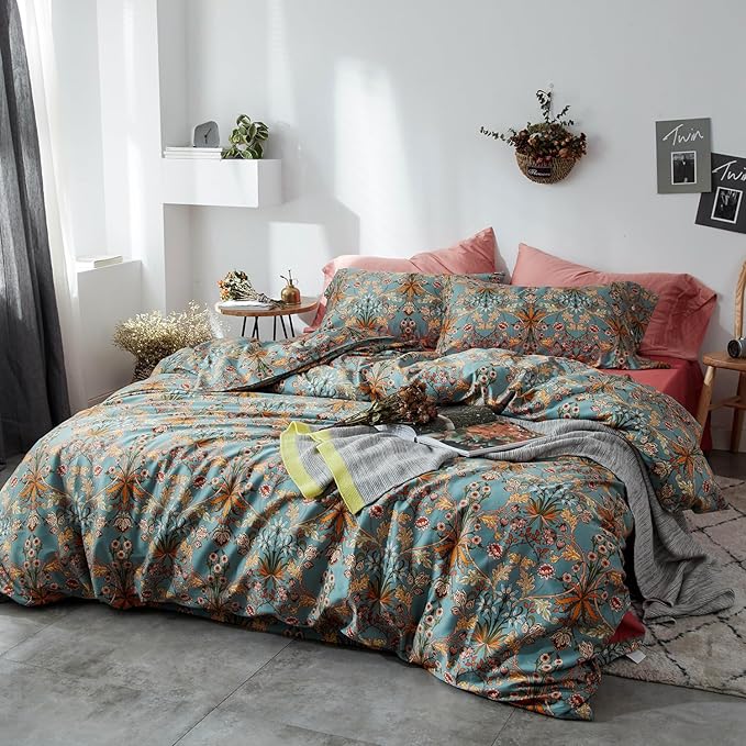 mixinni Vintage Style Garden Flower Duvet Cover Set with Zipper Closure Long Staple Percale Cotton Yellow Vibrant Pattern on Bedding Quilt Cover Set(California King, All Season)