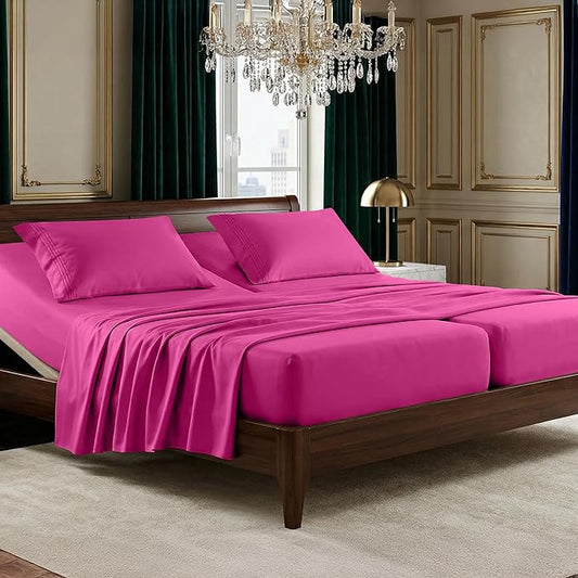 Elegant Comfort Luxurious 1500 Premium Hotel Quality Microfiber Three Line Embroidered Softest 5-Piece Bed Sheet Set, Wrinkle and Fade Resistant, Split King, Pink