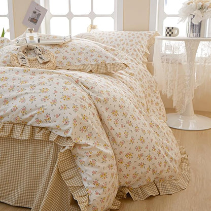HighBuy Vintage Lace Comforter Set Full Size Girls Floral Bedding Comforter Set Cozy Yellow Grid Chic Princess Bedding Sets Boho with 2 Lace Ruffles Pillowcases,Aesthetic Floral Comforter Sets