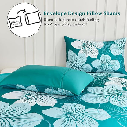 Menghomeus Queen Comforter Set Gradient Teal Bedding Floral Comforter Sets - Soft Microfiber Bed Comforter Set for All Season, 3 Piece Botanical Flowers Comforter, Pillowcases