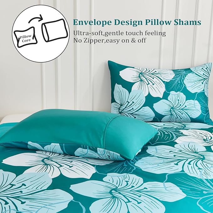 Menghomeus King Comforter Set Gradient Teal Bedding Floral Comforter Sets - Soft Microfiber Bed Comforter Set for All Season, 3 Piece Botanical Flowers Comforter, Pillowcases