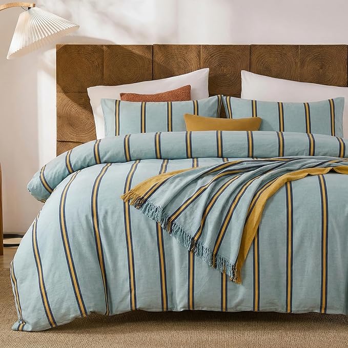 Merryword Green & Orange Striped Duvet Cover Set Queen Size, 100% Cotton Bedding Set with Zipper Closure & 8 Corner Ties, Luxury Linen Like Bedding, Soft Breathable Comforter Cover for All Seasons