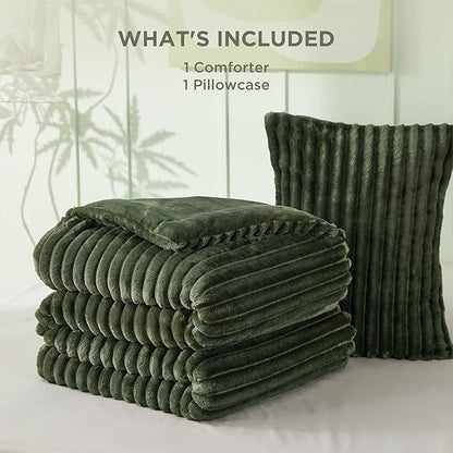 Bedsure Twin/Twin XL Size Comforter - GentleSoft™ 2 Pieces Double-Side Fleece Fluffy Olive Green Comforter Set, Cozy Striped Room Decor Aesthetic Luxury Twin Bedding Sets, 1 Pillowcase, 68x88 Inches
