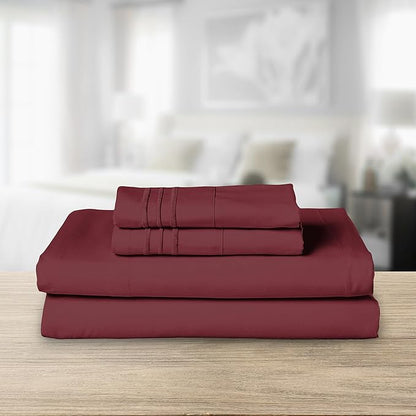 Elegant Comfort Luxurious 1500 Premium Hotel Quality Microfiber Three Line Embroidered Softest 4-Piece Bed Sheet Set, Wrinkle and Fade Resistant, Full, Burgundy