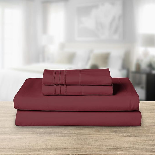 Elegant Comfort Luxurious 1500 Premium Hotel Quality Microfiber Three Line Embroidered Softest 4-Piece Bed Sheet Set, Wrinkle and Fade Resistant, Twin/Twin XL, Burgundy