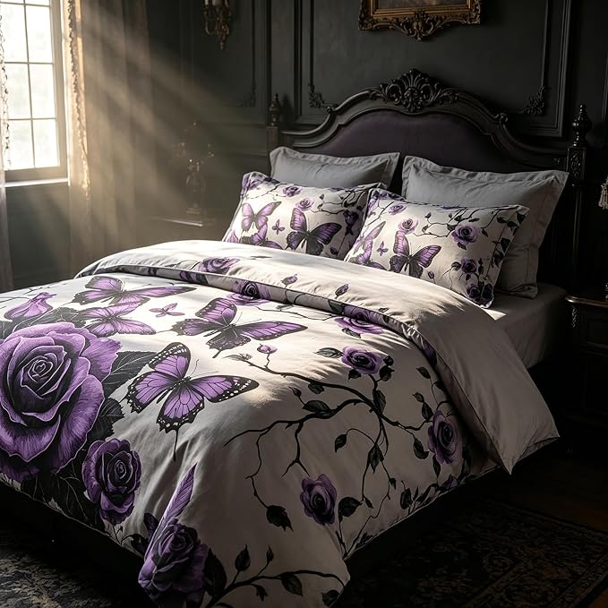 Vintage Floral Comforter Set Queen Size, Grey Purple Floral Bedding Set for Gothic Bedroom Decor, 3 Pieces Soft Microfiber Lightweight Comforter Set with 2 Pillowcases, 90"x90"