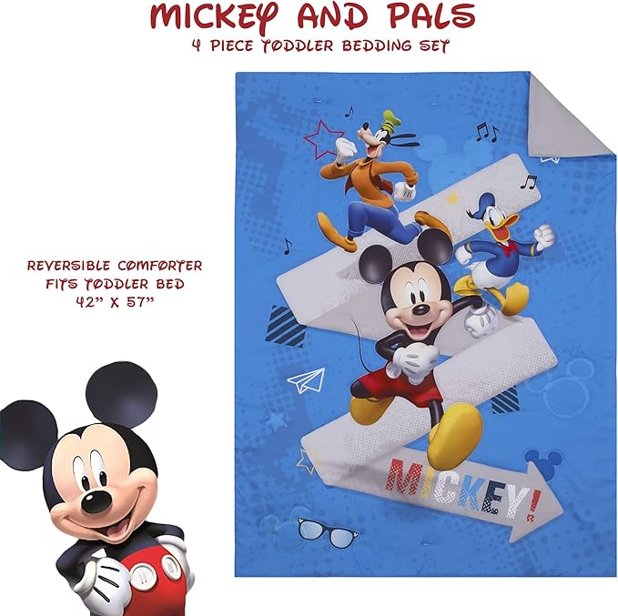 Disney Mickey Mouse and Pals 4 Piece Toddler Bedding Set - Fitted Sheet, Pillow Case, Top Sheet, and Comforter Quilt - Blue