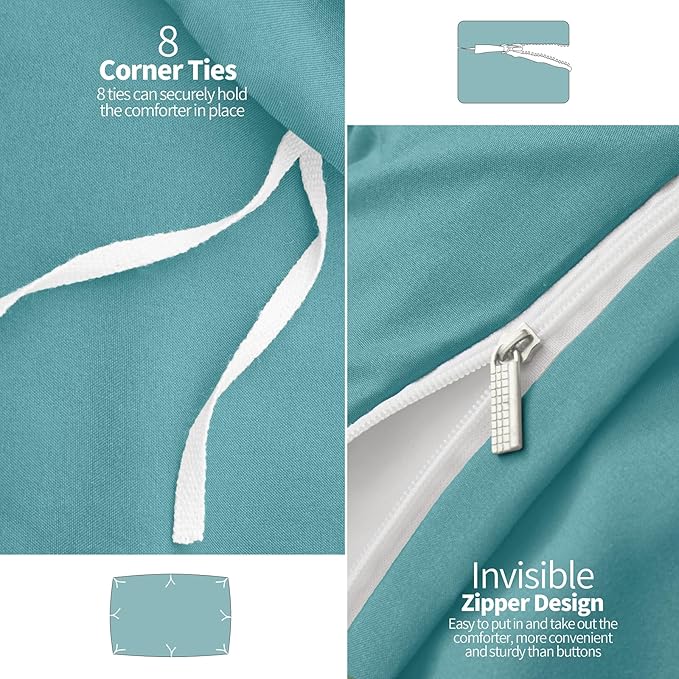 VACVELT 5 Piece Pinch Pleated Duvet Cover King Size Set, Teal Pintuck Duvet Cover with Zipper & 8 Ties, Shabby Chic Microfiber Duvet Cover + 2 Pillow Shams + 2 Pillowcases, No Comforter