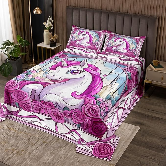Cartoon Unicorn Kids Bedspread Twin Size,Rose Flowers Tale Castle Princess Coverlet Set,Boys Girls Room Decor,Geometric Stripe Animal Quilted Coverlet,Pink Romantic Bedding Quilt,1 Pillowcase