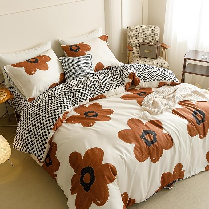 Cottonight Pumpkin Sunflower Comforter Set Queen Women Girls Beige and Brown Floral Bedding Comforter Set Botanical Flowers Blanket Quilts Soft Breathable Cute Chic Big Flower Comforter