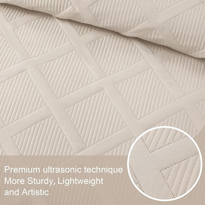 Exclusivo Mezcla Twin Size Quilt Set - Brich Beige Quilts Bedding Set with 2 Pillow Shams, Modern Bedspread with Striped Pattern, Soft Lightweight Bedspreads Coverlets for All Seasons