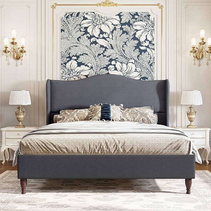 koorlian Full Size Upholstered Bed Frame with 51'' Tall Headboard, Grey | Reinforced Platform Bed, Easy Assembly, Soft Fabric, Sleigh Wingback, Solid Wood Retro Legs, Noise-Free, Classic & Simple