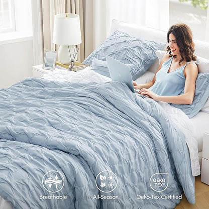 Comfort Spaces Twin/Twin XL Comforter Set for College Ogee Ruched Crinkle Texture Breathable Comforter Set Twin Dorm All Season Lightweight Bedding Set Shabby Chic Décor Pilow Blue 3 Piece