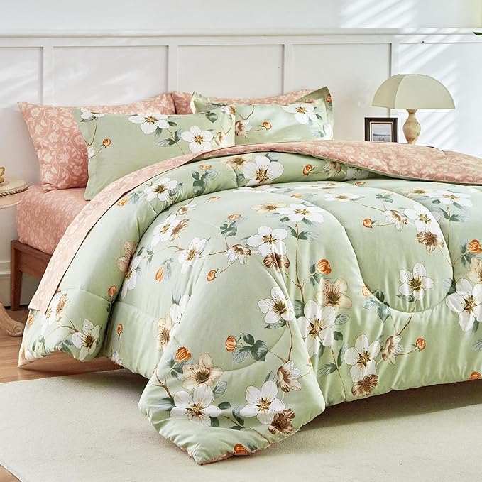 AIKASY 6 Piece Floral Comforter Set Twin Size - Soft Microfiber Bed in a Bag with Sheet Set for All Seasons - Green Flower Botanical Design - Reversible Bedding Set
