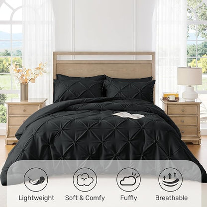 UNIKOME King Size Comforter Set Black - Ultra Soft Boho Pintuck Down Alternative Bedding Set for All Seasons, 3 Pieces Lightweight Warm Pinch Pleat Bed Set with Comforter, 2 Pillowcases