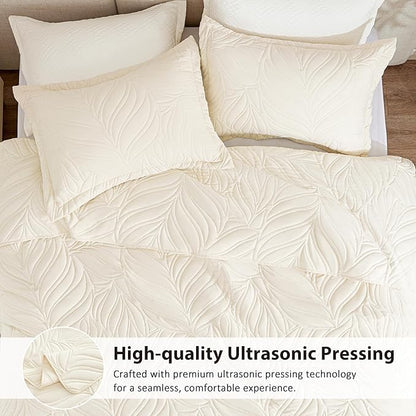 EXQ Home Quilt Set King Size Beige 3 Piece,Lightweight Soft Coverlet Modern Style Leaf Pattern Bedspread Set(1 Quilt,2 Pillow Shams)